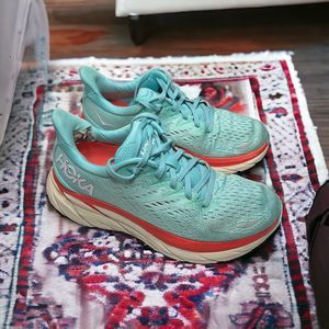 Hoka One One Women’s Clifton 8 Teal Orange Comfort Running Hiking Shoes Size 7B